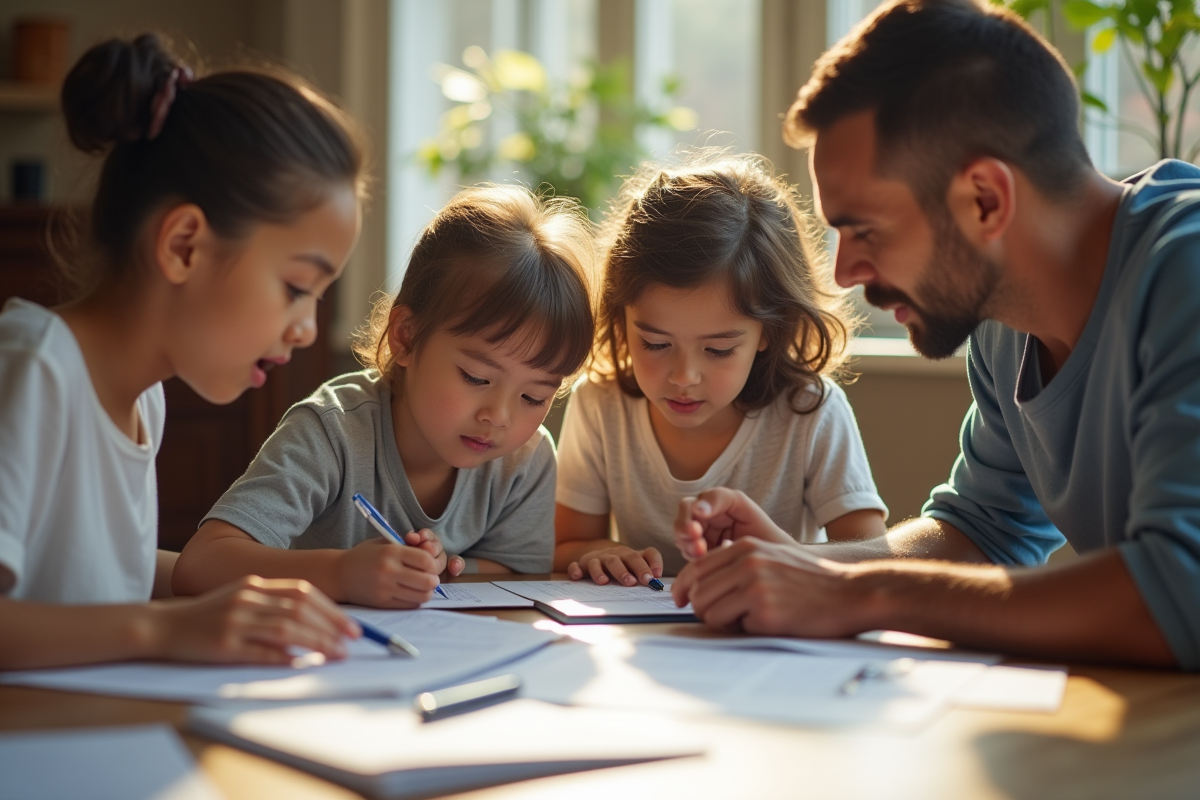 Famille discutant de documents à la table de cuisine
