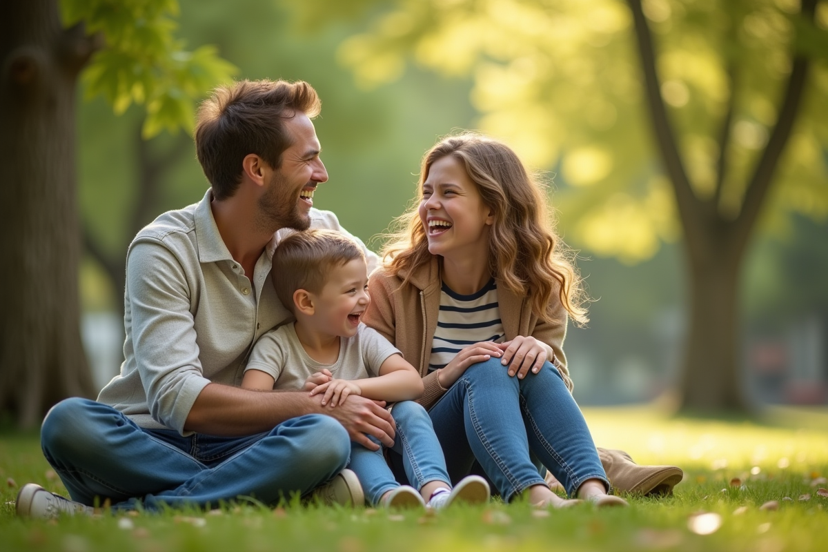 Famille rieuse dans un parc urbain en plein air