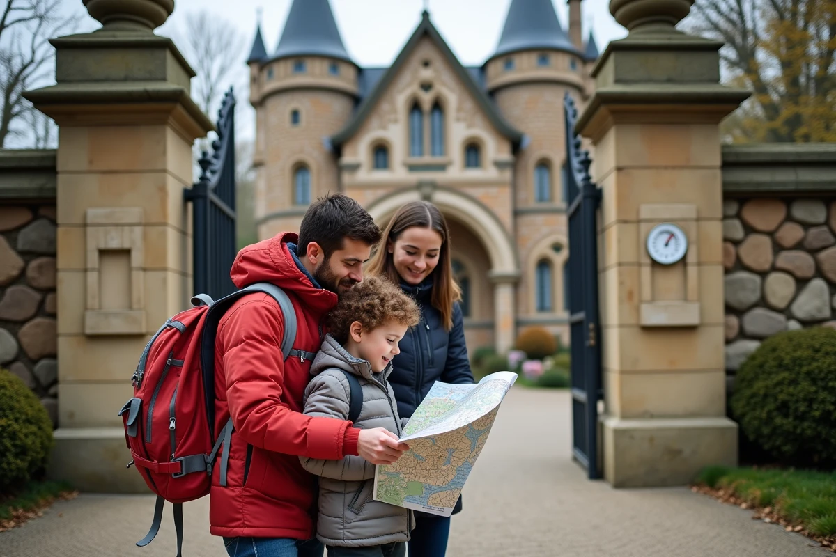 Famille découvrant le Palais Idéal avec carte et sac à dos
