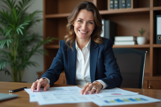 Femme d'affaires en costume regardant des documents financiers