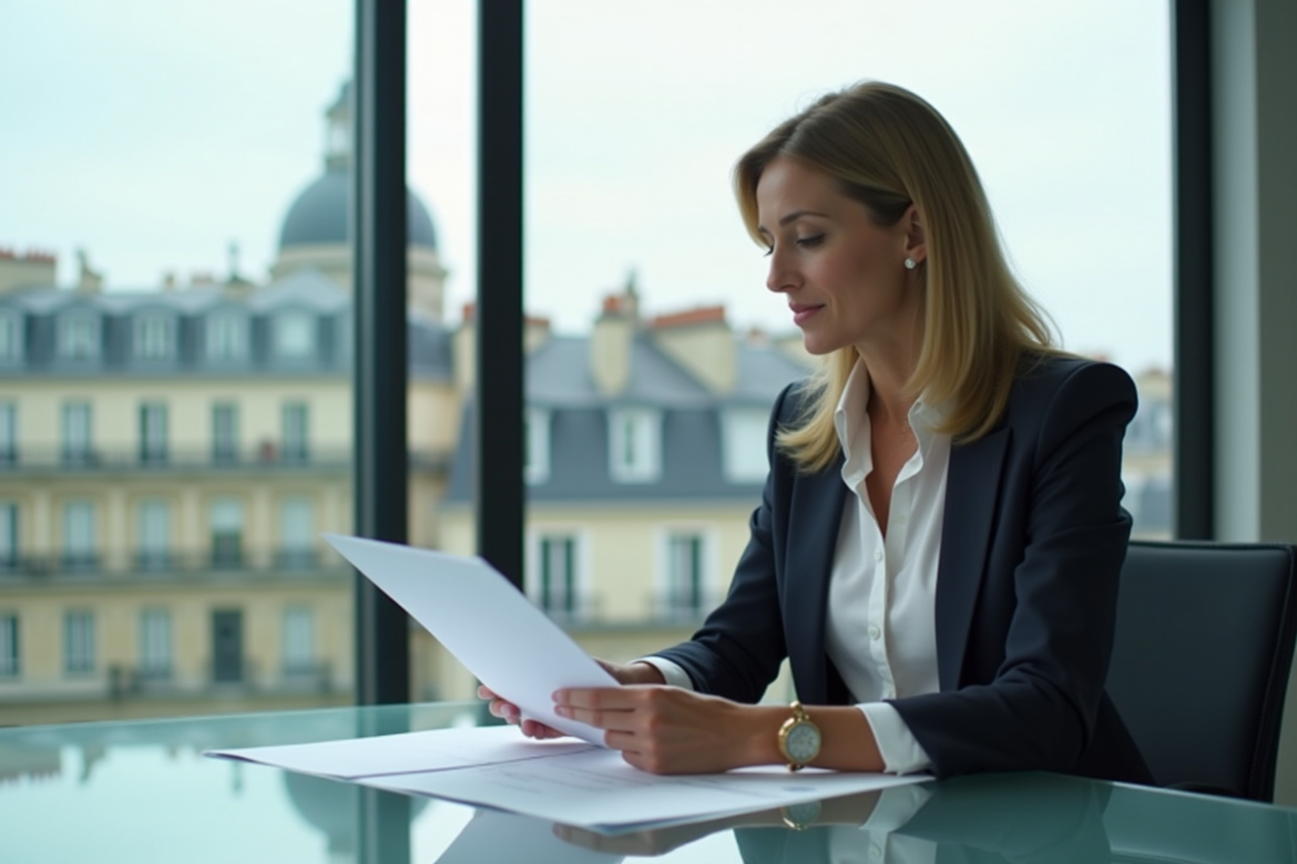 Femme d'affaires examinant documents de pret immobilier
