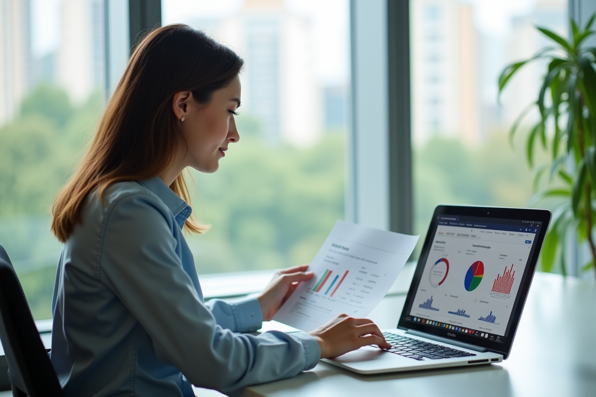 Femme analysant des graphiques et feuilles de budget au bureau