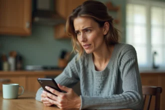 Femme regardant un appel entrant d'un numéro inconnu sur son smartphone dans une cuisine