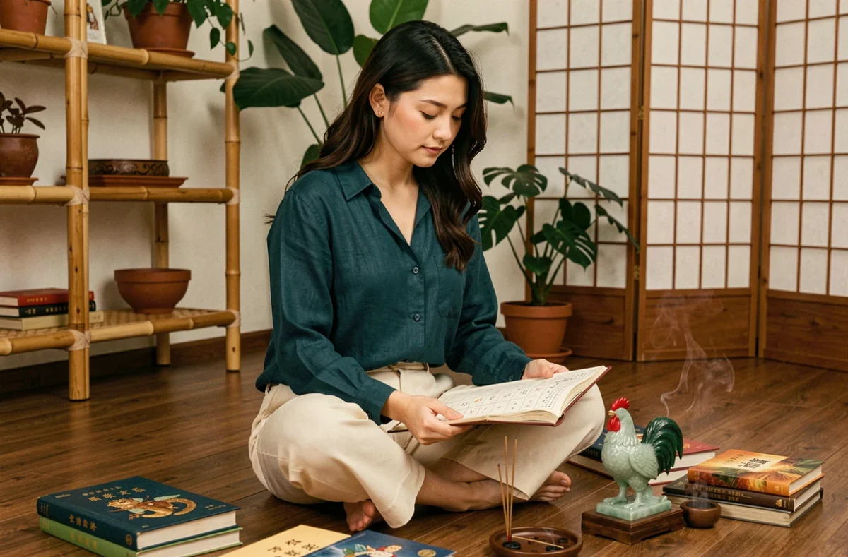 Femme née en 1993 méditant entourée de livres d'astrologie chinoise et symboles du signe du Coq