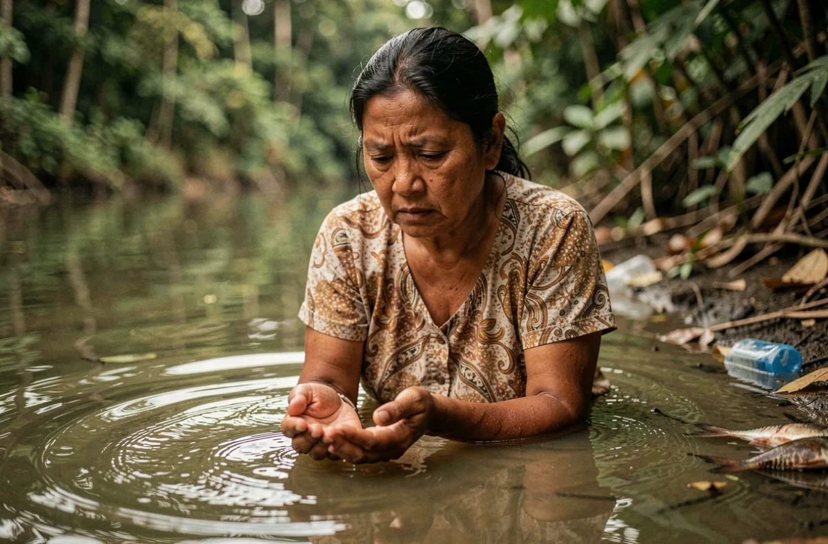 Femme autochtone examinant l'eau polluée du fleuve Amazone, impact environnemental visible