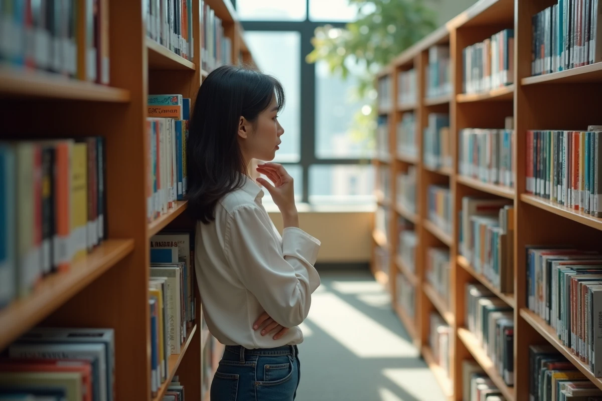Femme cherchant manga dans une bibliothèque lumineuse