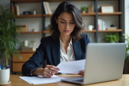 Femme concentrée dans son bureau moderne et organisé