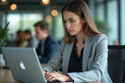 Femme professionnelle consultant le site Gospi sur son ordinateur portable au bureau pour sa veille informationnelle quotidienne
