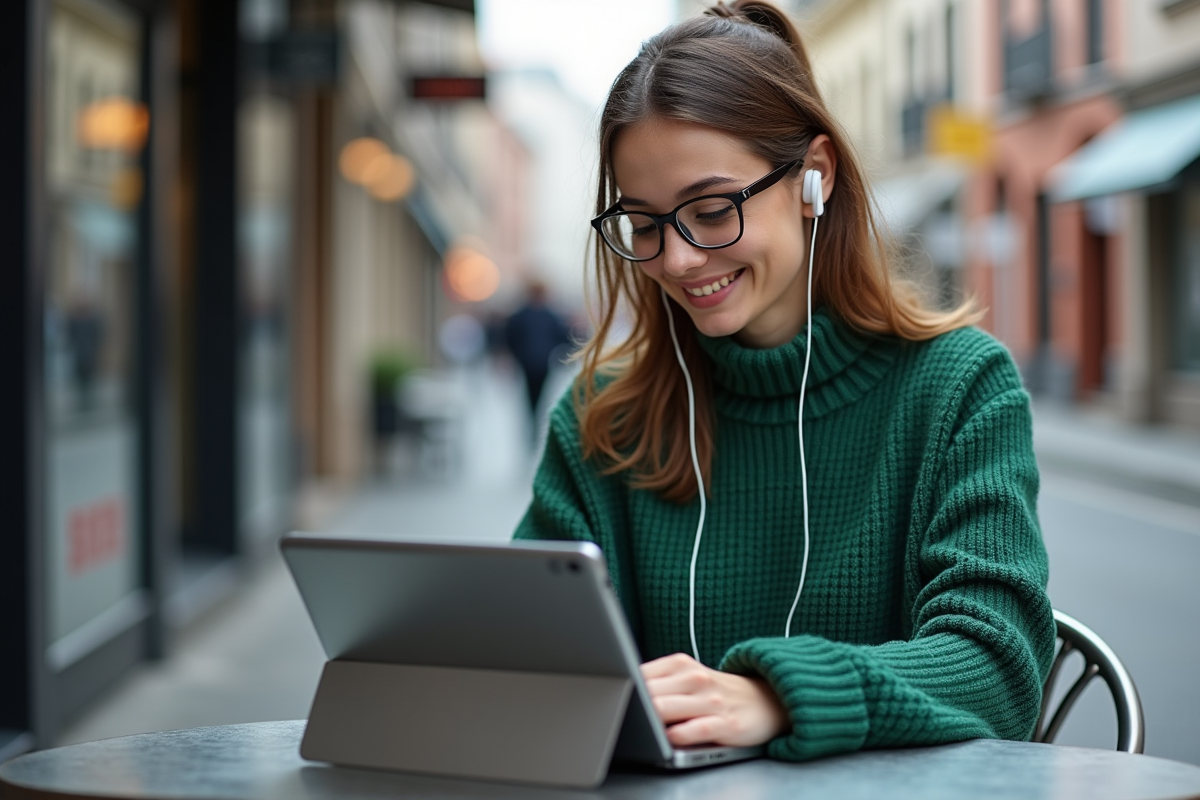 Femme souriante utilisant une tablette en extérieur