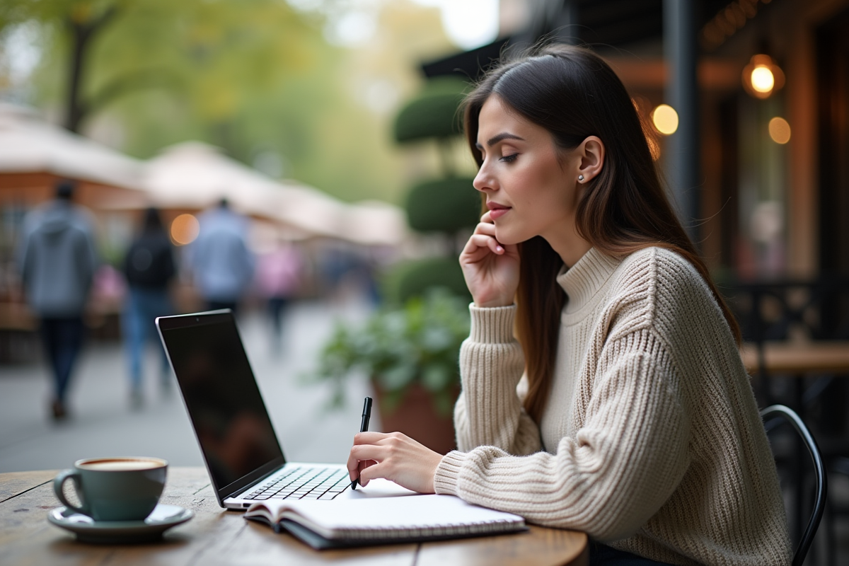 Femme au café recherche sur son ordinateur portable