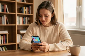 Jeune femme utilisant un code de rachat sur l'application mobile Chapters pour obtenir des diamants et tickets gratuits