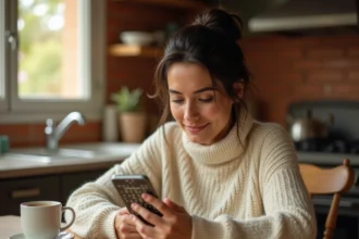 Femme résolvant le mot du jour Codycross sur son smartphone à table