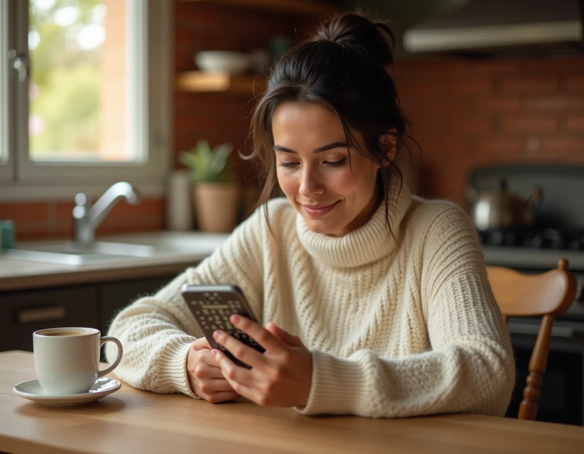 Femme résolvant le mot du jour Codycross sur son smartphone à table