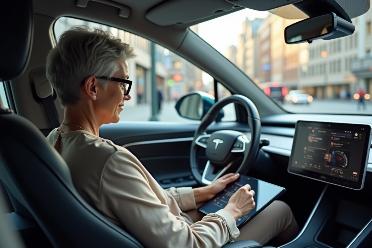 Femme relaxant dans une voiture autonome en ville