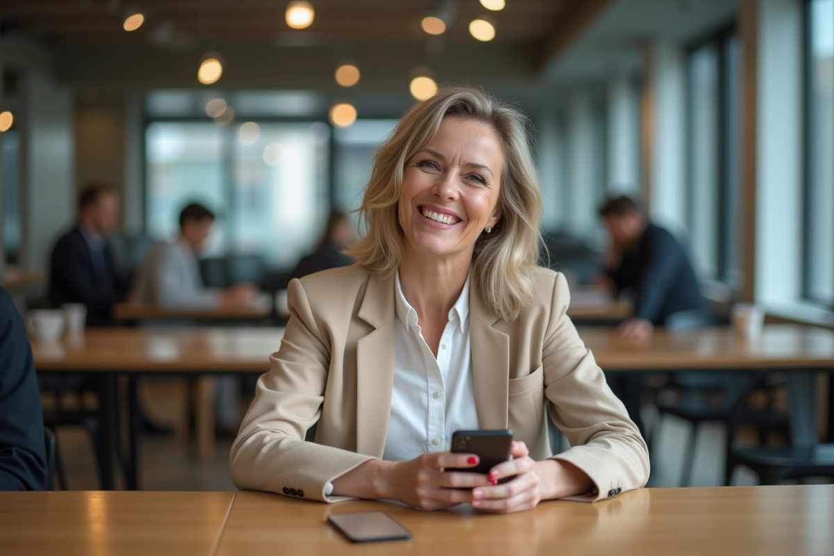 Femme souriante dans un espace de coworking moderne