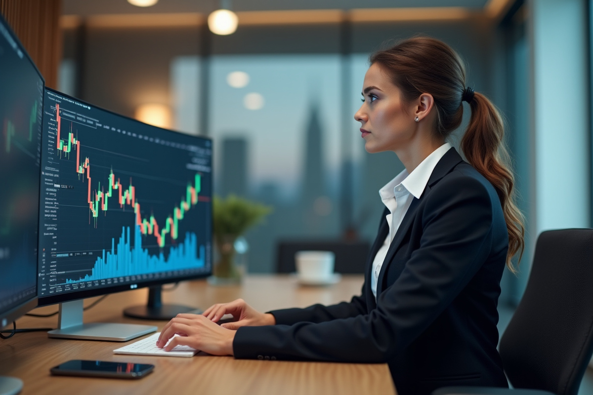 Femme d affaires analysant graphique de cryptomonnaie sur moniteur