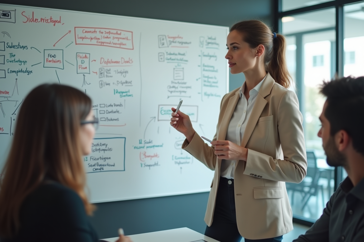 Femme en réunion expliquant une stratégie avec ses collègues