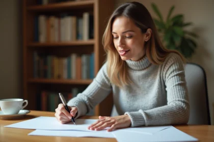 Femme écrivant soigneusement une adresse sur une enveloppe blanche à son bureau en bois