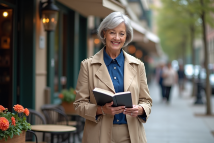 Femme élégante de 60 ans dans la rue avec trench beige