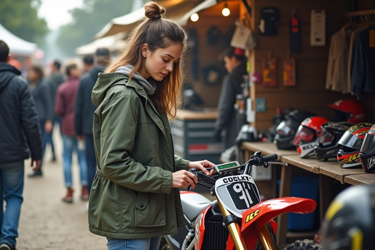 Femme inspectant une moto dans un marché en plein air
