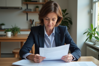 Femme française lisant des documents officiels à la maison