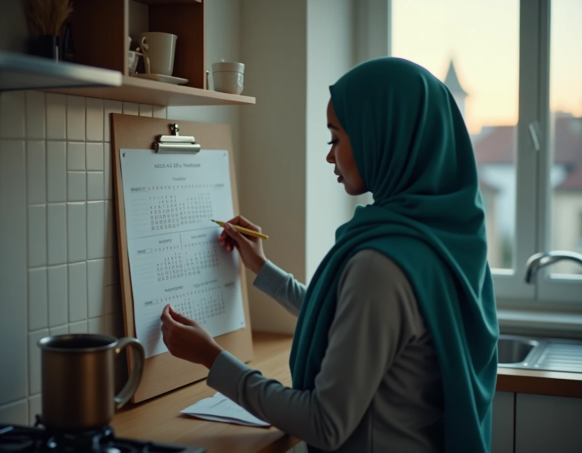 Femme marquant les horaires de prière du ramadan sur un calendrier dans une cuisine à Livry-Gargan