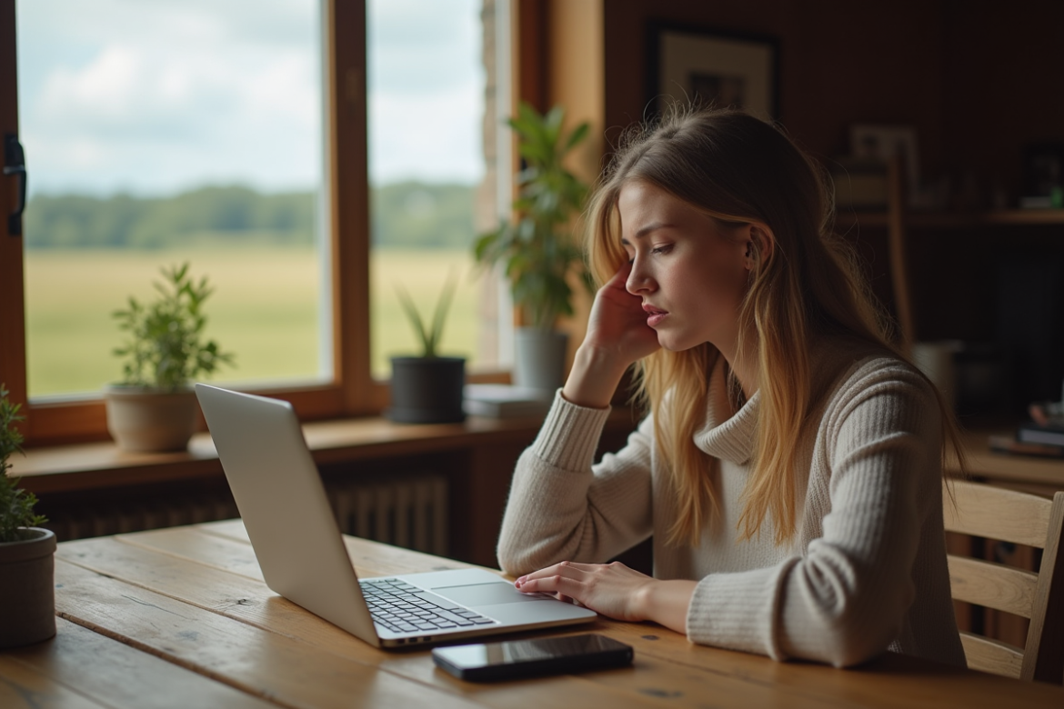 Jeune femme frustrée avec internet lent à la campagne
