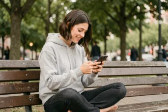 Jeune femme jouant à des jeux mobiles sur son smartphone dans un parc urbain