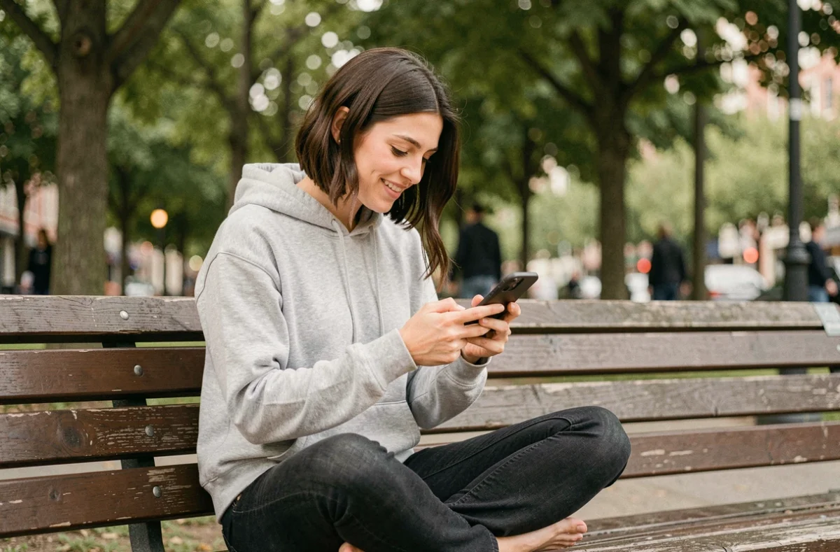 Jeune femme jouant à des jeux mobiles sur son smartphone dans un parc urbain
