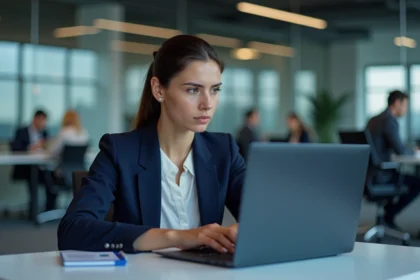 Femme en blazer marine lisant une politique de confidentialité sur un ordinateur portable dans un bureau moderne