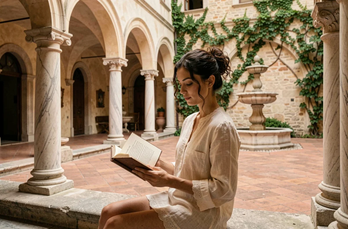 Jeune femme lisant un recueil de poésie italienne de la Renaissance dans la cour à colonnades d'un palazzo toscan en pierres anciennes