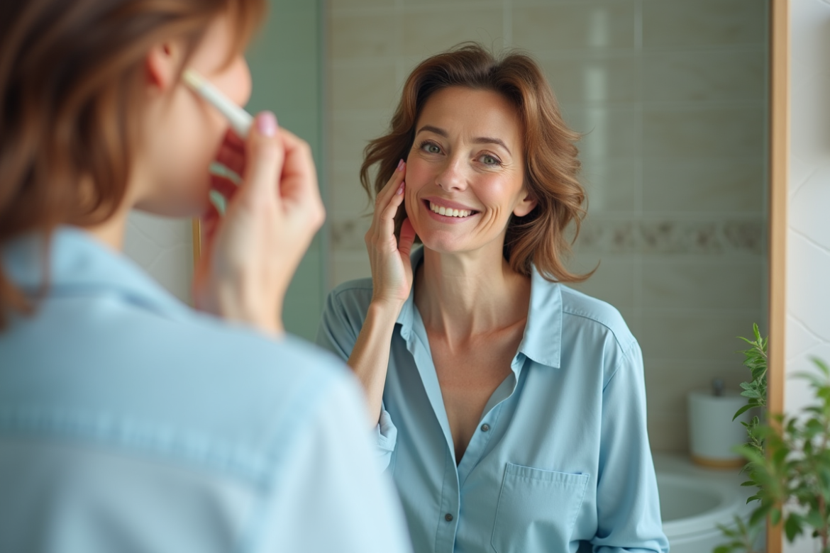 Femme souriante se maquillant dans un miroir de salle de bain