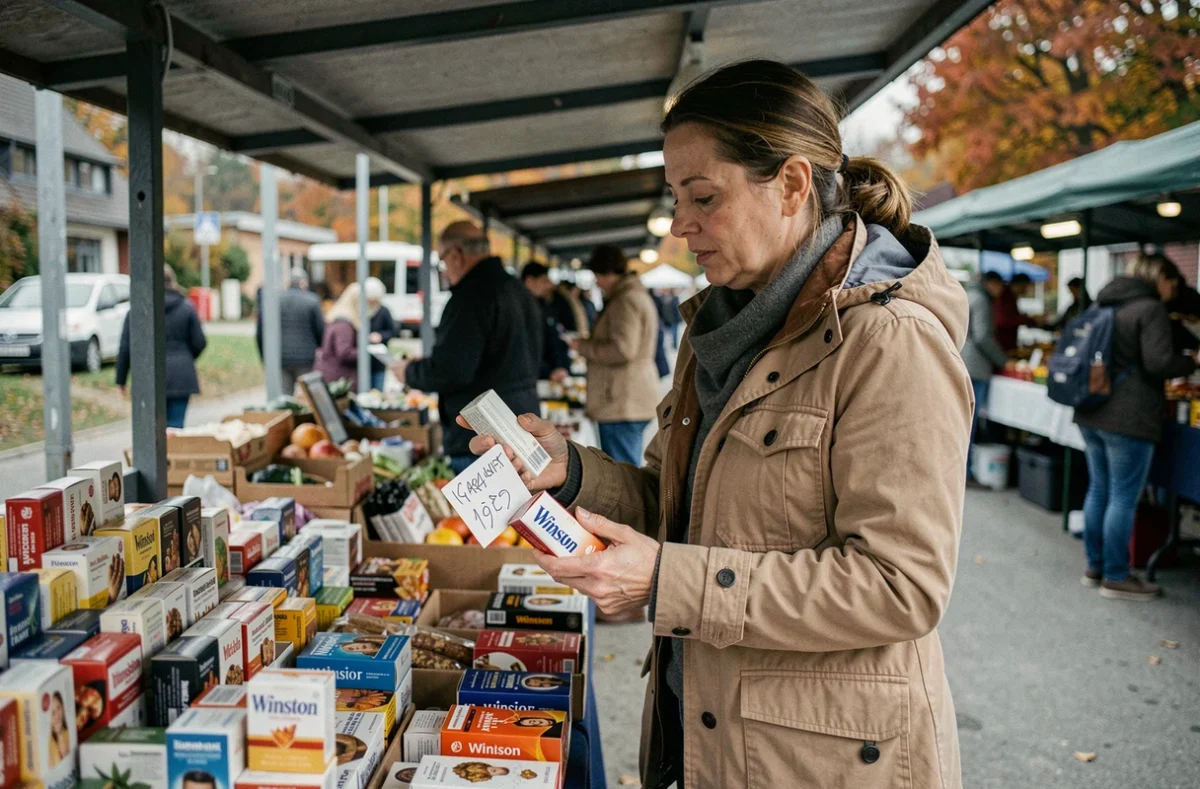 Femme comparant les prix de cartouches de cigarettes Winston sur un marché extérieur au Luxembourg en automne