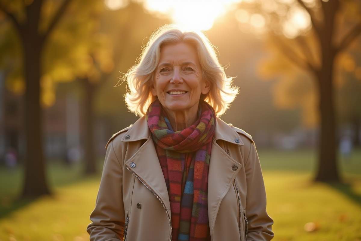 Femme de 60 ans marche dans un parc en été