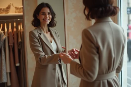 Femme souriante dans une boutique parisienne élégante