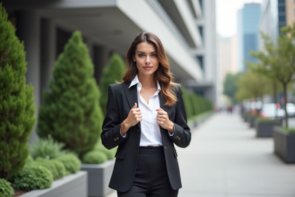 Femme élégante en ville ajustant son col
