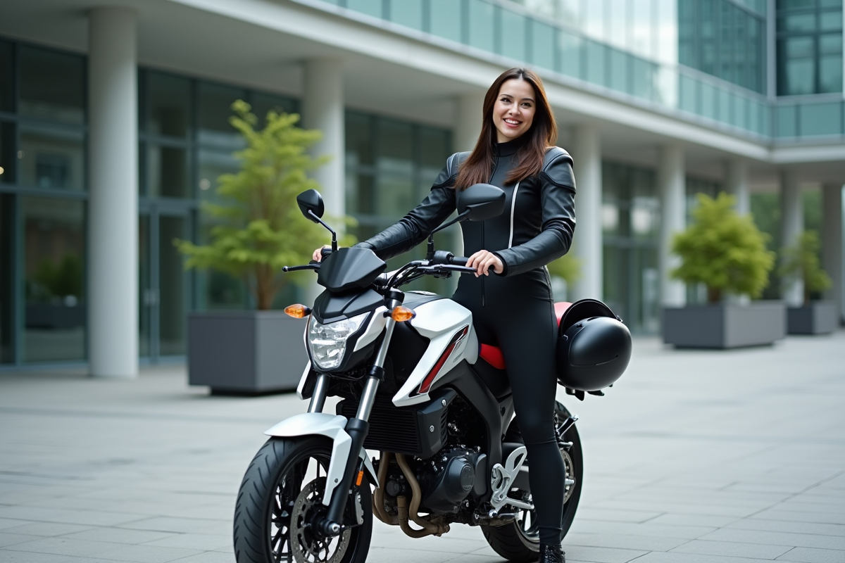 Femme en combinaison moto près d une moto en ville