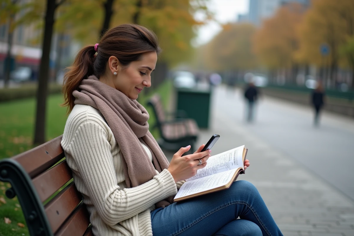 Femme assise dans un parc lisant un mots croises et smartphone