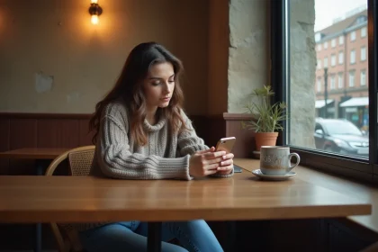 Femme pensive dans un café avec smartphone