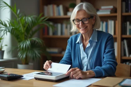 Femme mesurant un courrier sur une balance digitale à son bureau