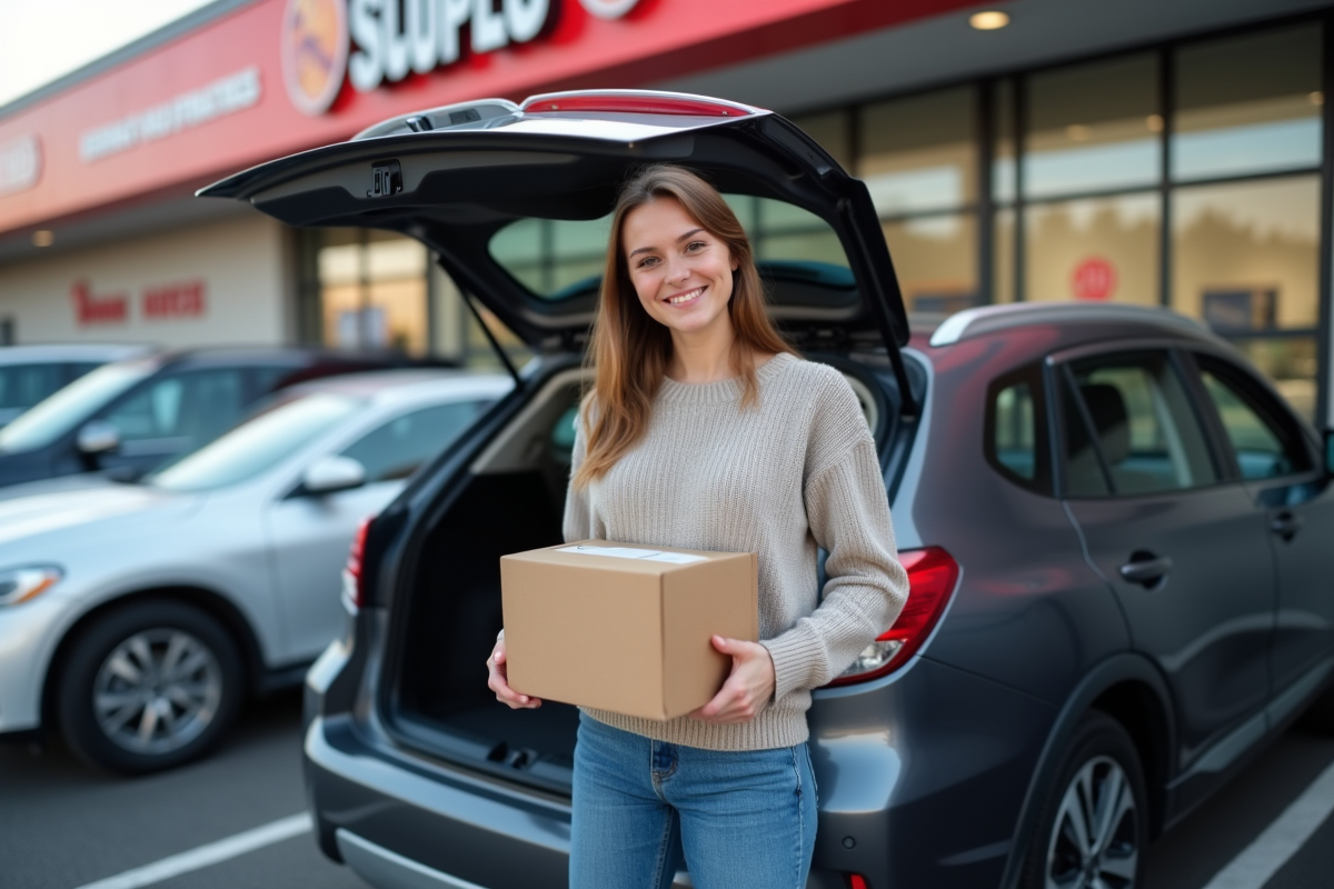 Jeune femme souriante devant sa voiture et un pièce auto