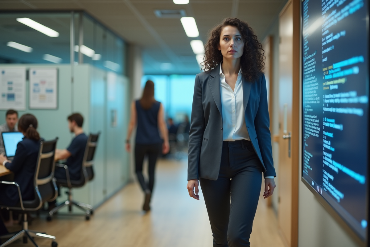 Femme programmeure marchant dans un couloir de bureau moderne