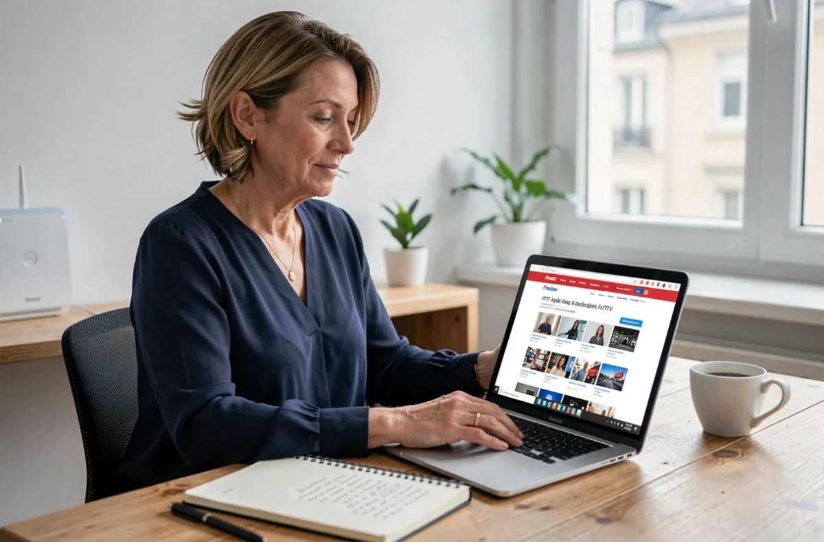 Femme recherchant les offres de chaînes après résiliation Canal+ sur sa Freebox Pop
