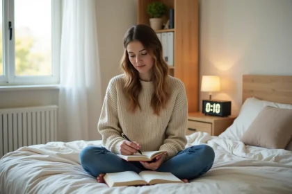 Femme pensant en lisant dans un lit cosy