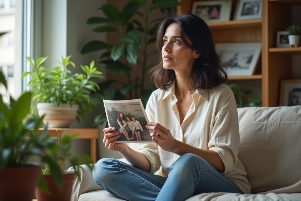 Femme réfléchissant en tenant une vieille photo dans un salon lumineux