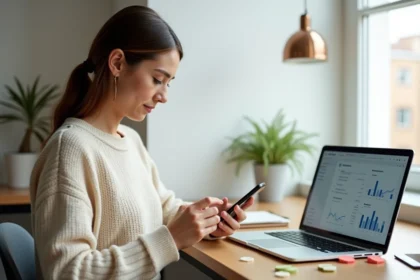 Jeune femme consultant les réseaux sociaux sur smartphone devant un tableau de bord d'analytics sur ordinateur portable dans un bureau minimaliste