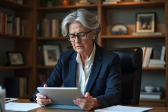 Femme d'âge moyen lisant une tablette dans un bureau à domicile