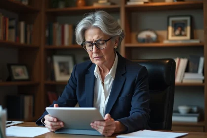 Femme d'âge moyen lisant une tablette dans un bureau à domicile