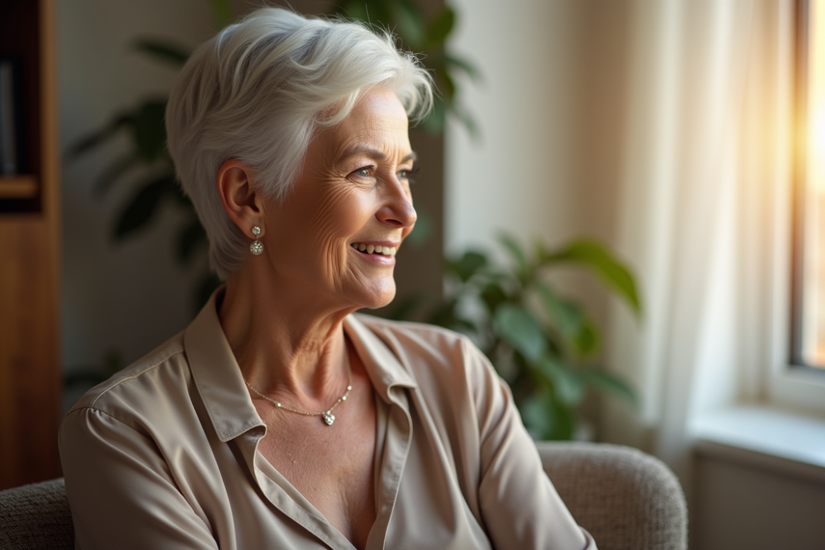 Femme élégante de 60 ans au salon lumineux