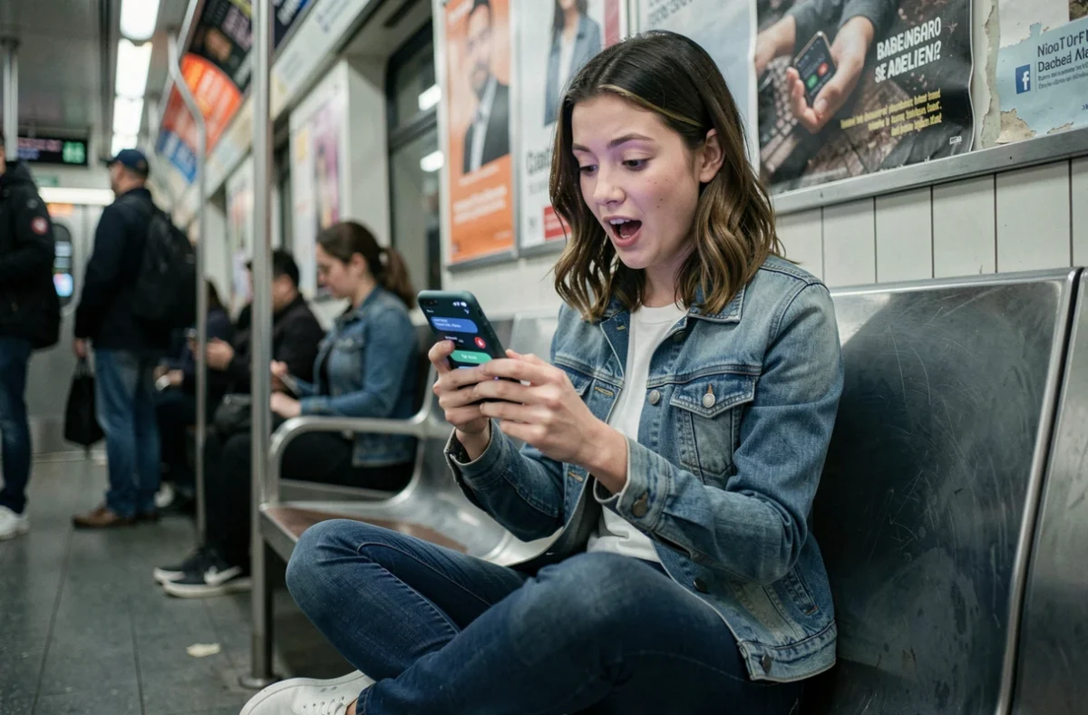 Jeune femme découvrant un contenu viral sur son smartphone dans le métro